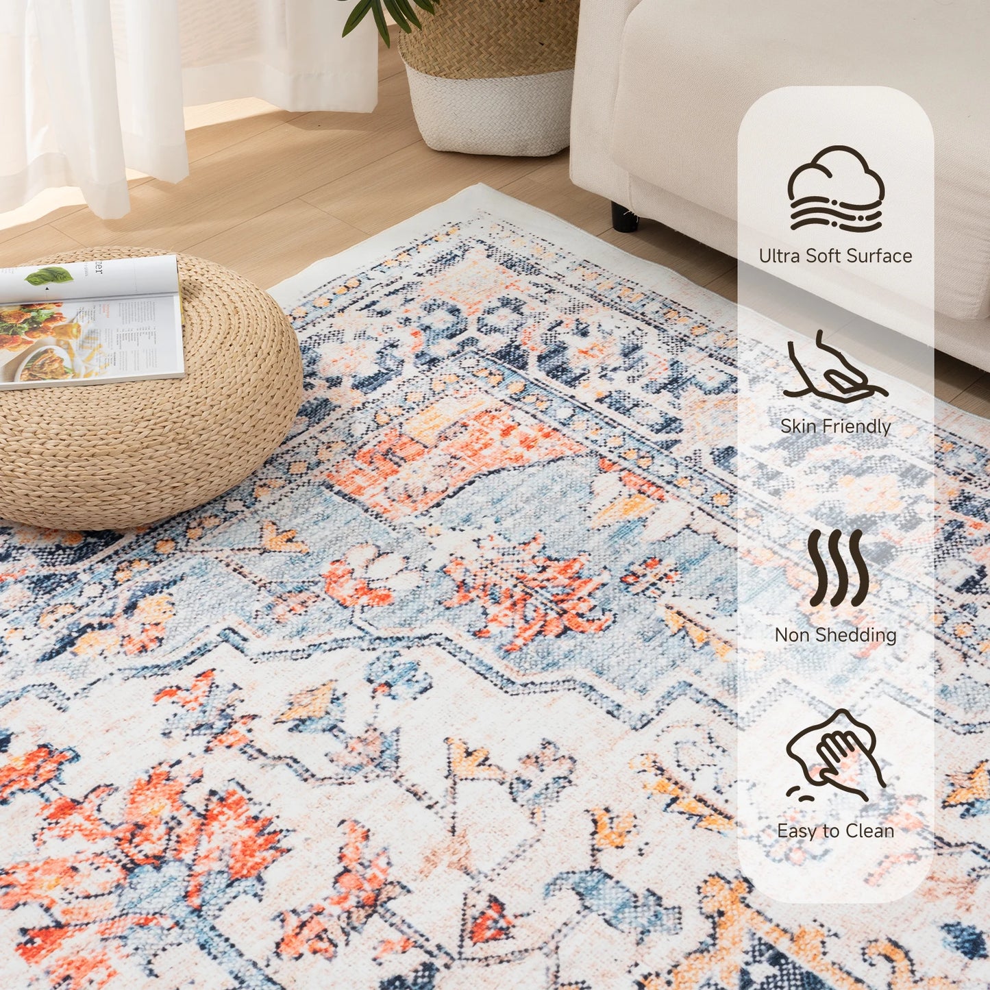 Orhopui Vintage Boho Design Washable Area Rugs Non Slip Rugs for Living Room and Bedroom Traditional Woven Rugs Stain Resistant