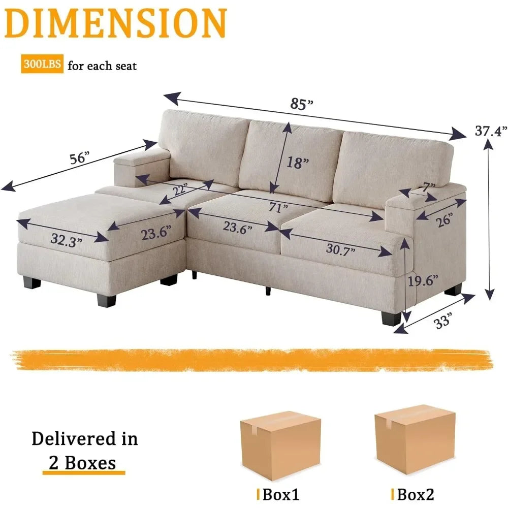 85 Inch L Shaped Couch With Movable Ottoman Chenille Sectional Sofa