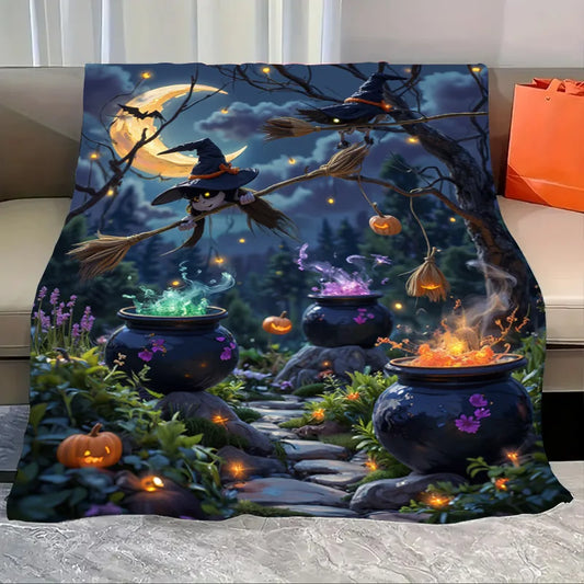 Flannel Blanket All Season Cozy Halloween Witch Cauldron