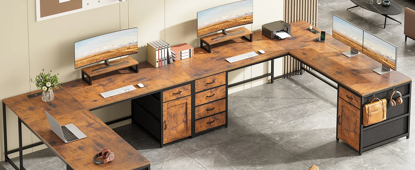 63 Inch L Shaped Corner Desk With 5 Drawers And Power Outlet For Home Office