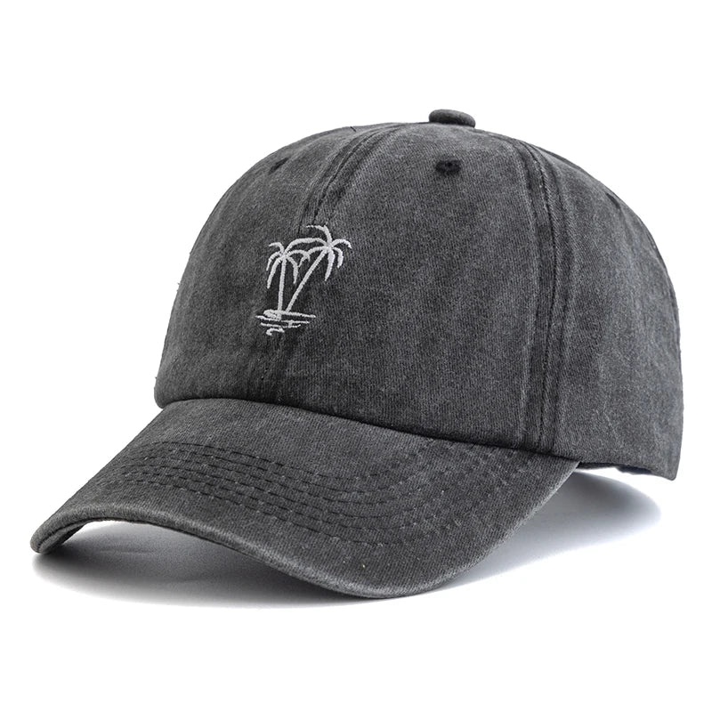 Washed Cotton Cap With Coconut Tree Embroidery Unisex Vintage Baseball Hat