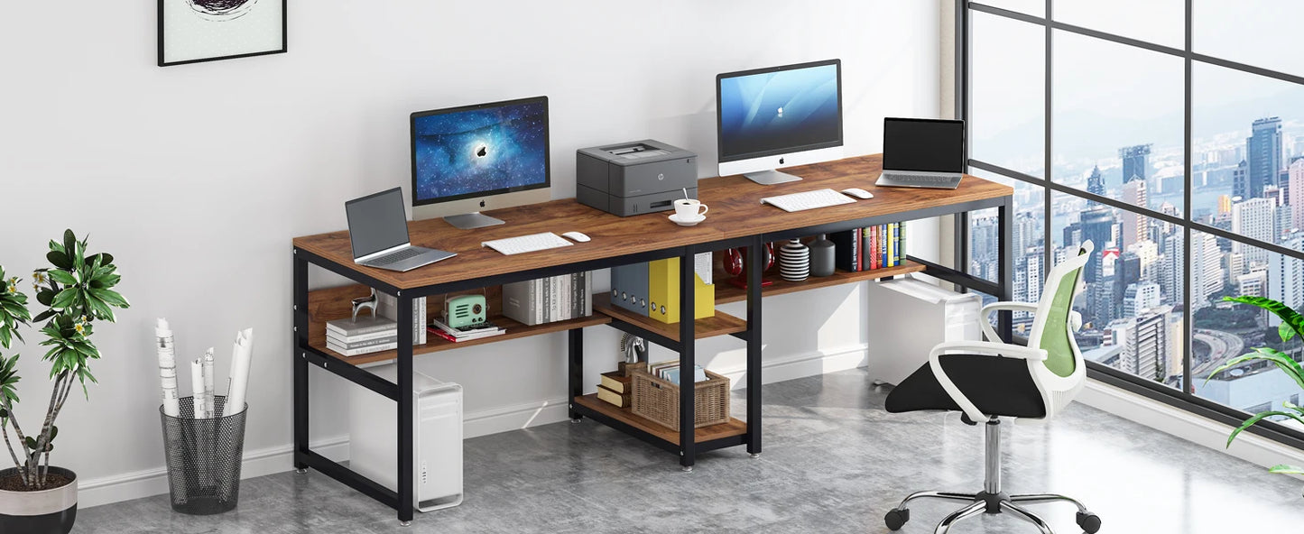 Tribesigns Two Person Desk With Bookshelf 78.7 Inch Rustic Double Computer Desk