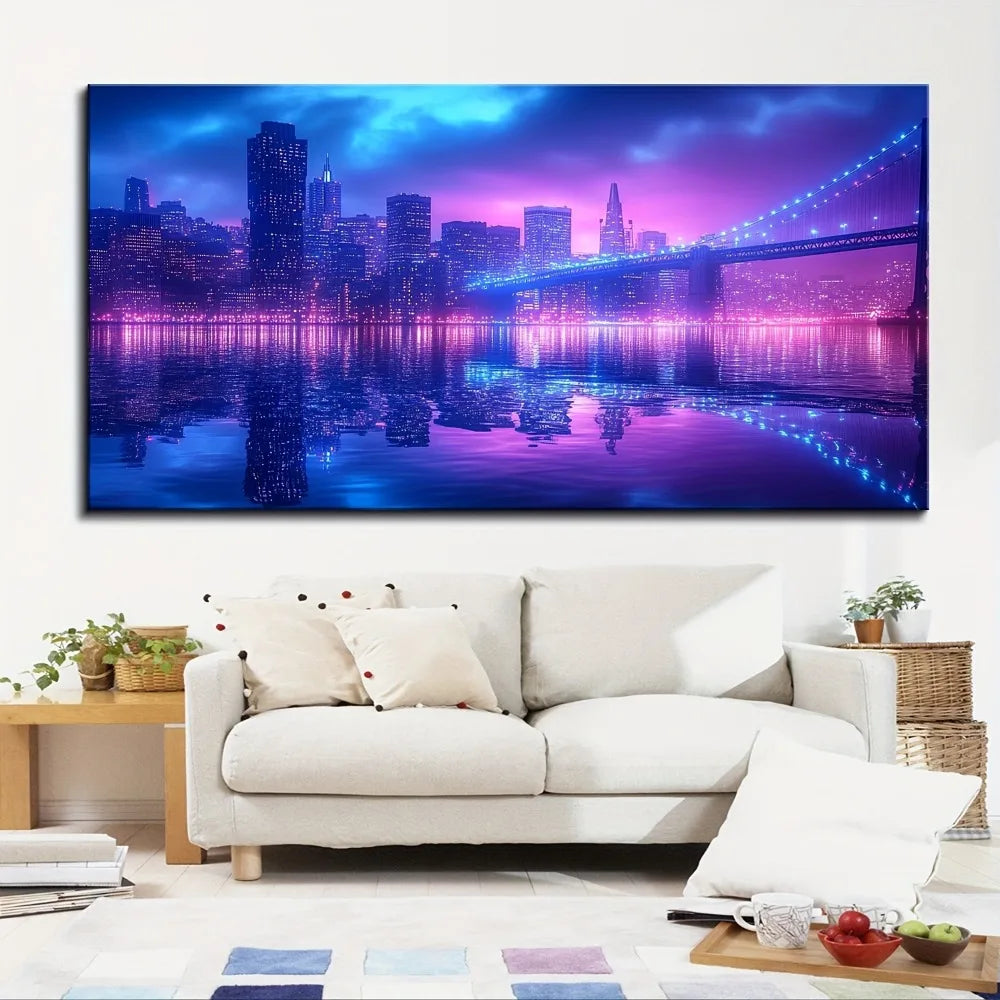 One And A Half Inch Pine Wood Frame Brooklyn Bridge Canvas Mural NYC Skyline