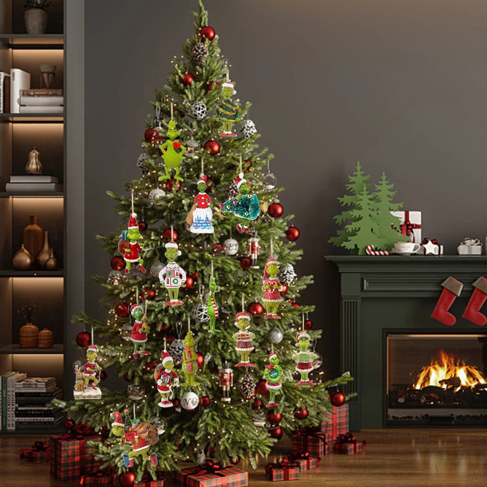18 Pcs 2D Green Monster Xmas Tree Ornaments Party Decor