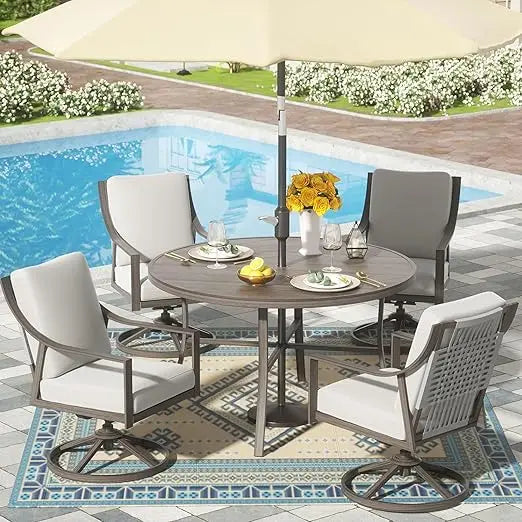 5 Piece Outdoor Patio Dining Set With Swivel Chairs And Round 38 Inch Table