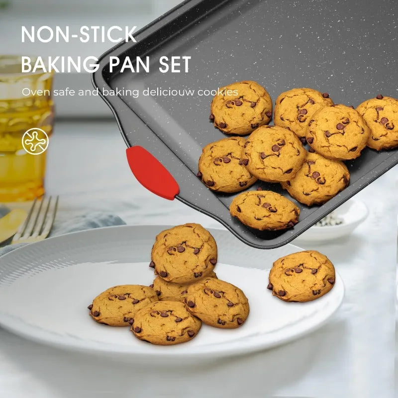 11 Piece Nonstick Baking Pans Set Stackable Bakeware Set Toxin Free Baking Set with Silicone Handles Includes Cookie Sheets Cake Pan Loaf Pan Pizza Pan Muffin Pan
