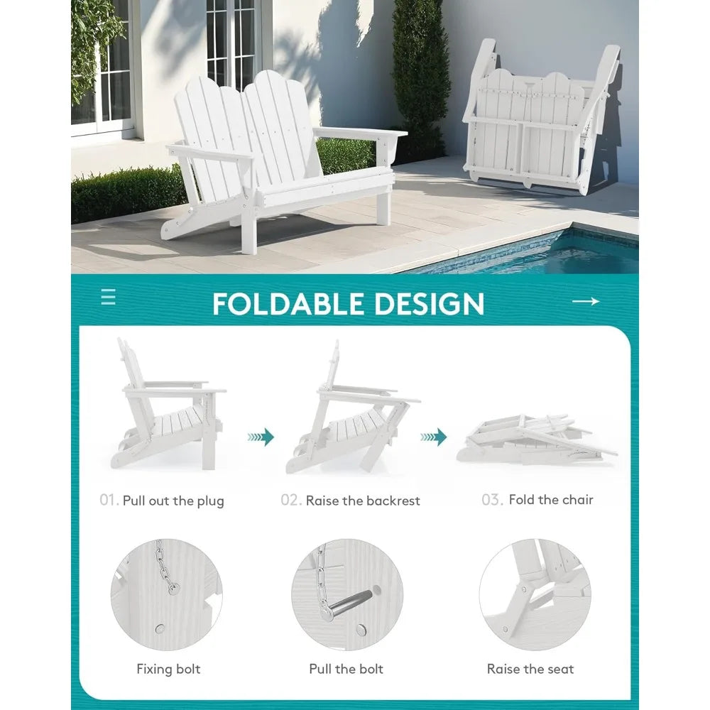 Folding Adirondack Bench HDPE All-Weather Loveseat 660 Lbs Capacity Foldable Outdoor Patio Bench for Deck and Lawn