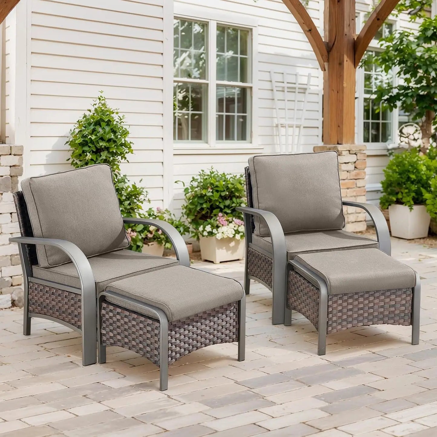 4 Piece Wicker Patio Furniture Set With Ottomans All Weather High Back Deep