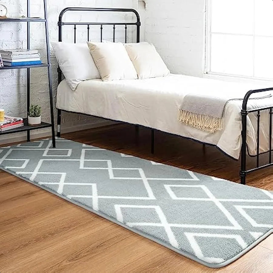 Shag Runner Rug for Bedroom 2x6 Feet Grey Area Rugs with Memory Foam for Hallway Bedside Fluffy Shaggy Washable Moroccan Geometric Pattern