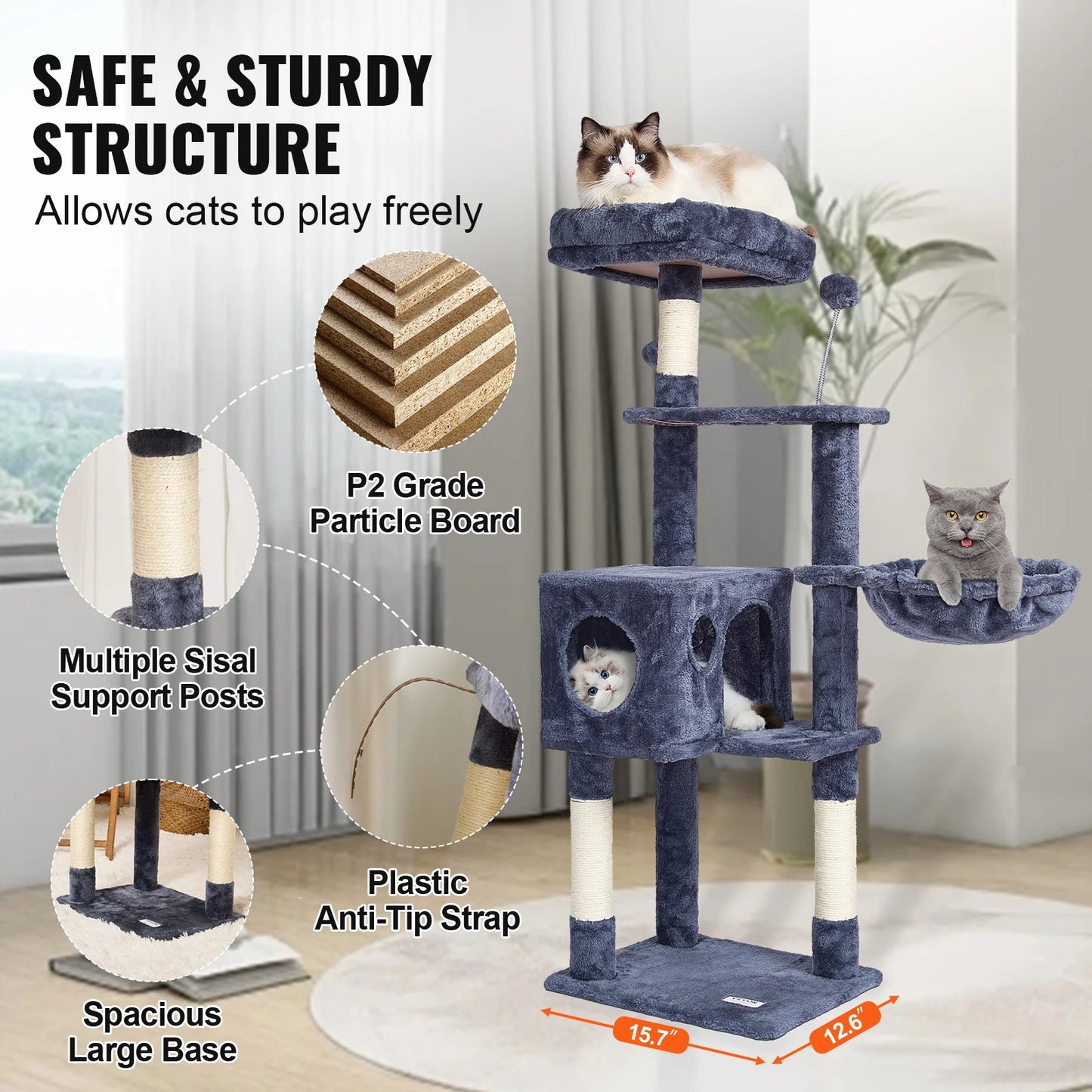SucceBuy Dark Grey Cat Tree With Condo And Sisal Post