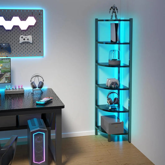 6-Tier Corner Shelf With LED Lights Steel Frame Display Stand Black
