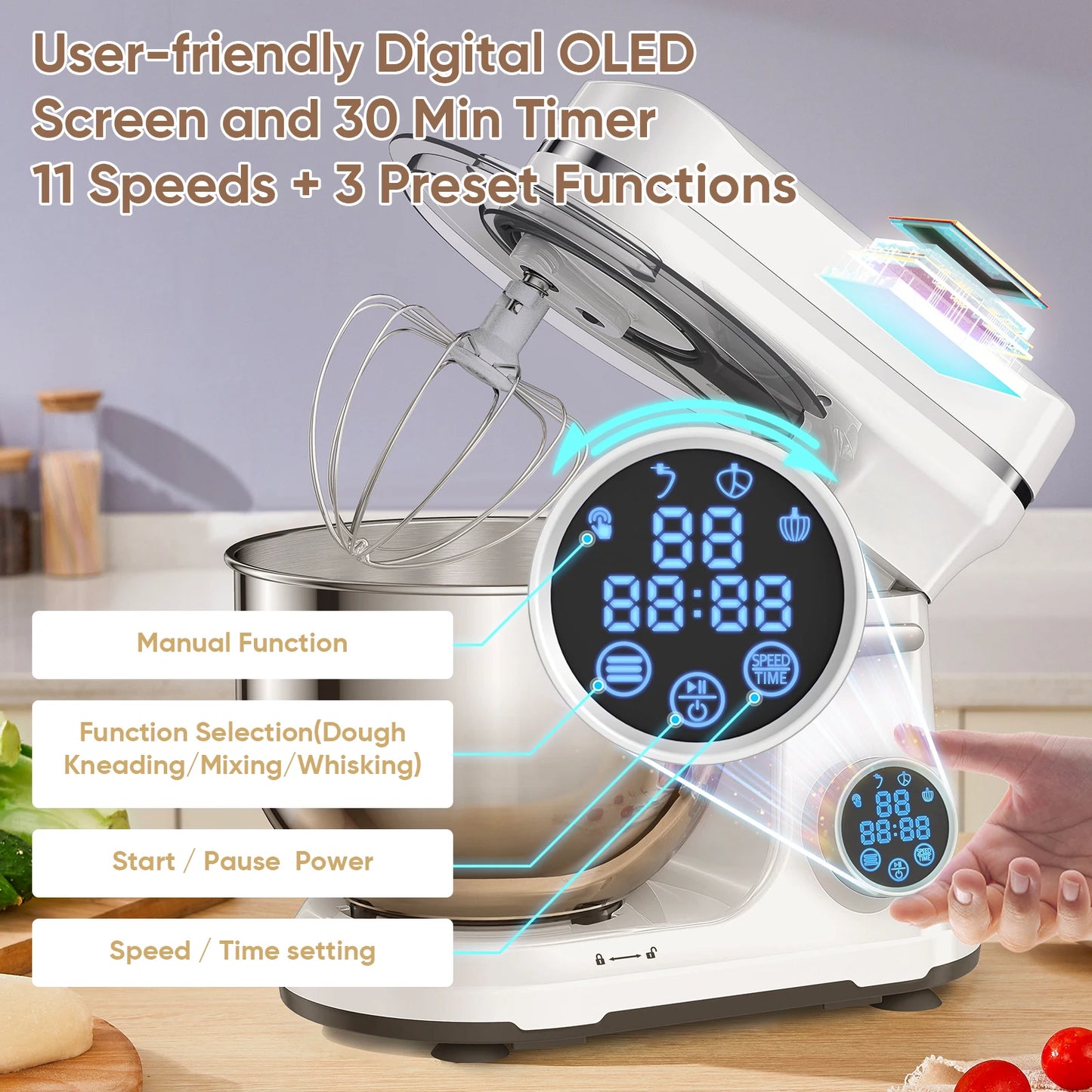BioloMix Kitchen Food Stand Mixer 1200W 11 Speeds DC Motor Digital OLED Screen Electric Food Mixer with Dough Hook and Whisk