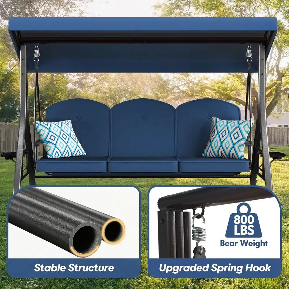 3 Seat Outdoor Swing With Stand 800lbs Capacity Convertible Swing Bed Blue