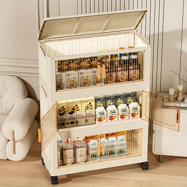 3 To 5 Tier Foldable Cabinet With Wheels Plastic Lidded Storage Box