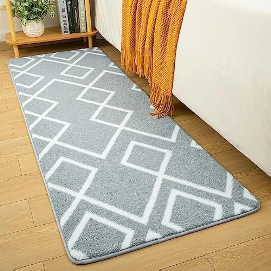 Shag Runner Rug for Bedroom 2x6 Feet Grey Area Rugs with Memory Foam for Hallway Bedside Fluffy Shaggy Washable Moroccan Geometric Pattern