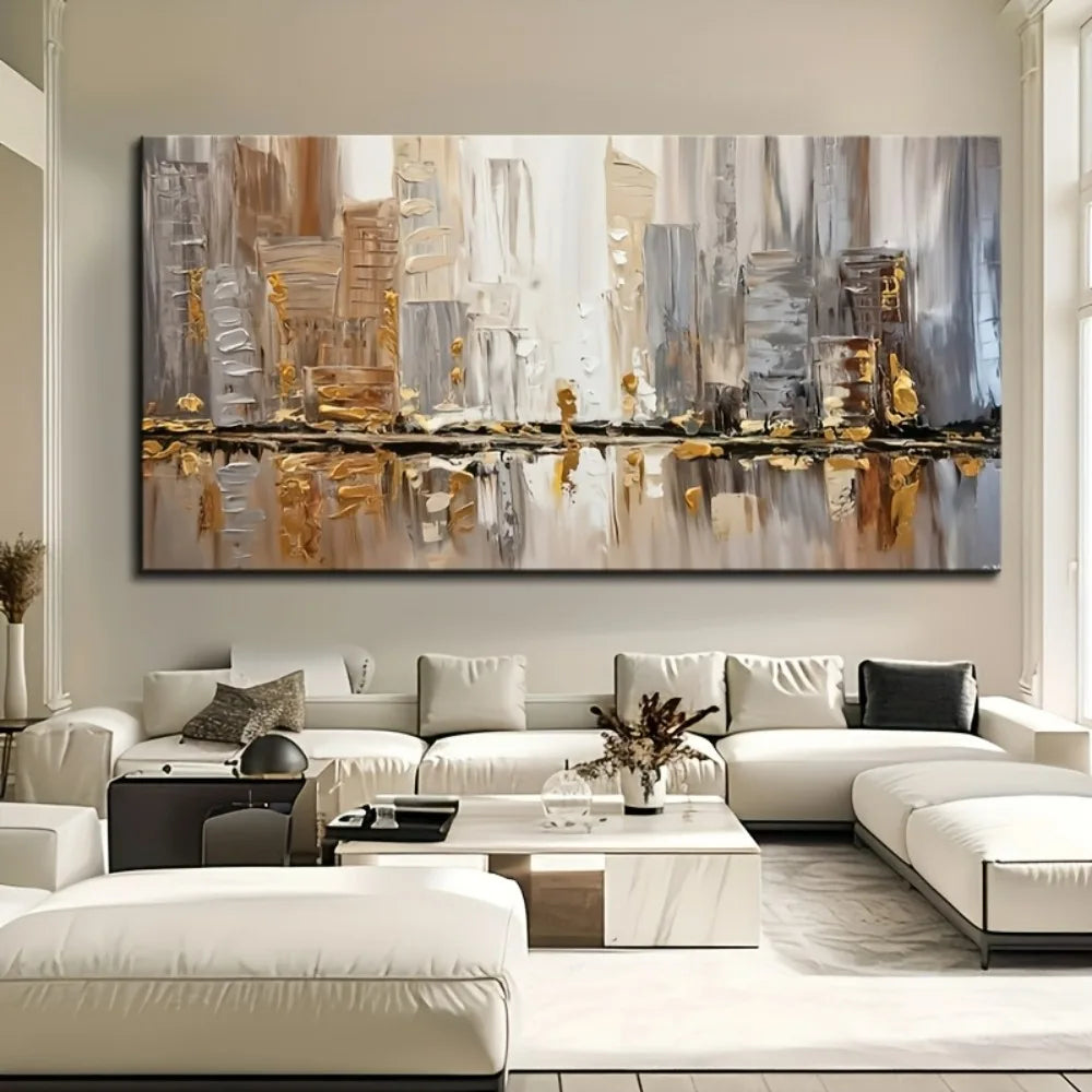 Large Abstract Oil Painting Thick Pine Frame Art Deco Neutral Tones Gold Accents