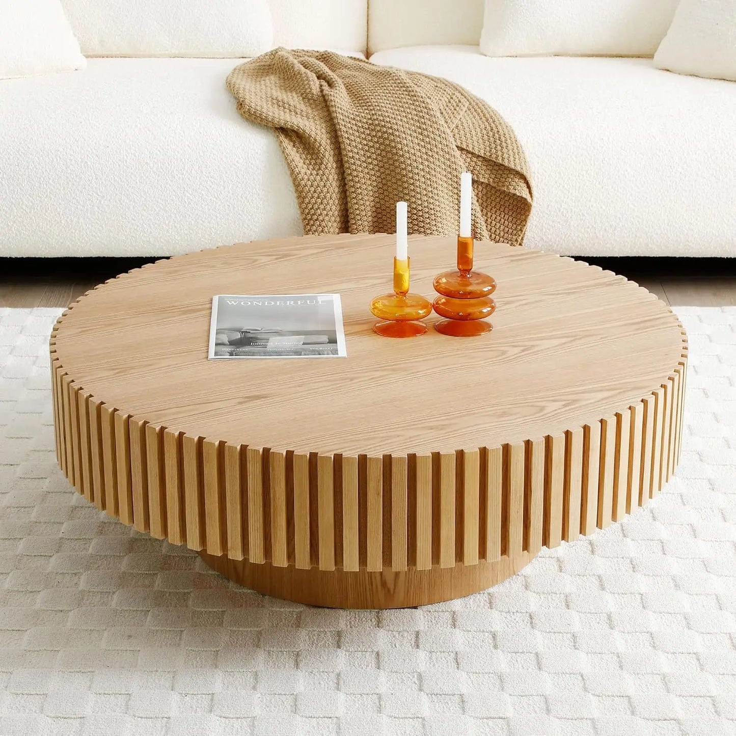 39 Inch Round Coffee Table With Storage Modern Wooden Table