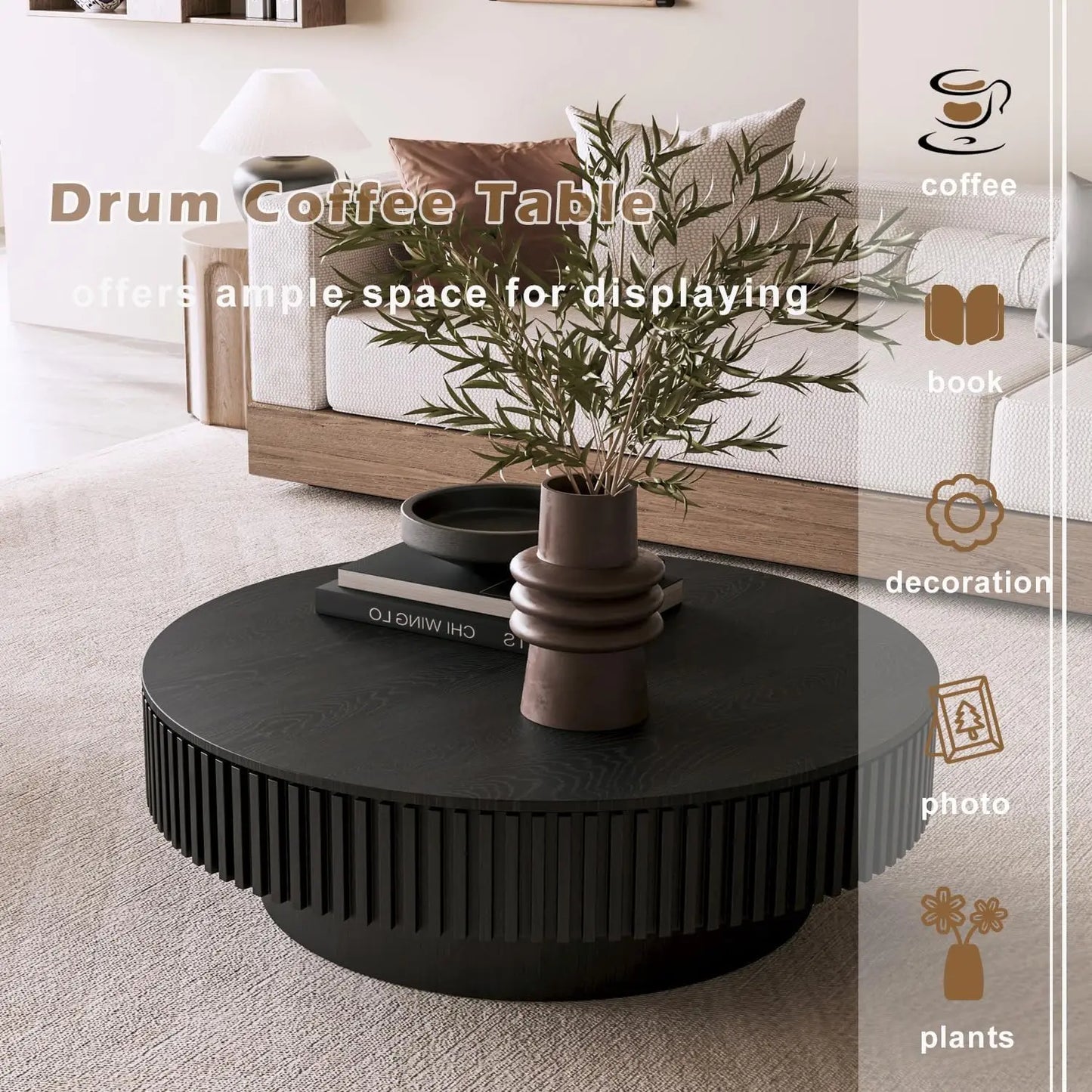 39 Inch Round Coffee Table With Storage Modern Wooden Table