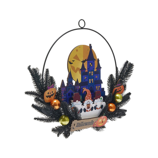 Spooky Halloween Hanging Sign with Glowing LED Lights Haunted House and Ghostly Pumpkin Design Perfect for Front Door Decoration