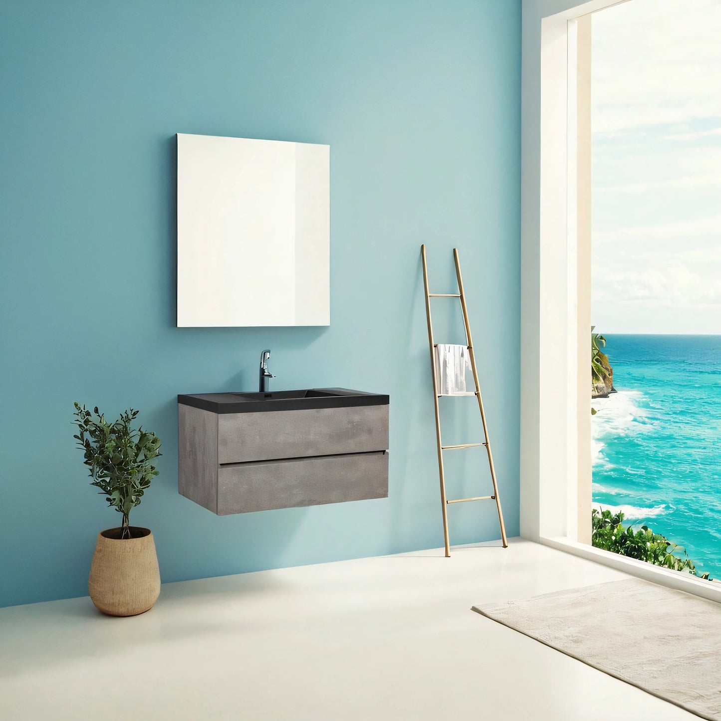 48 Inch Floating Bathroom Vanity With Sink Black Quartz Top