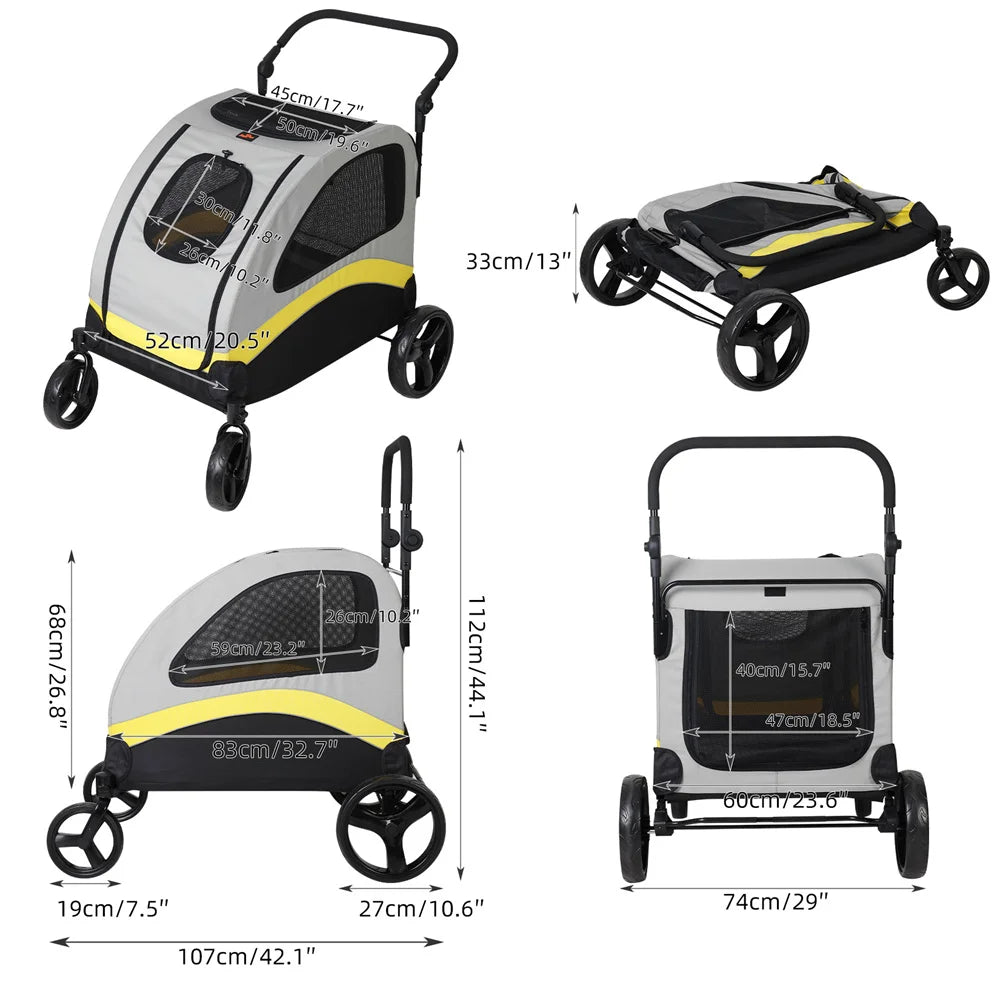 Premium Dog Stroller Pram 4 Wheel Foldable Cart Travel Jogger For Small Medium Large Dogs