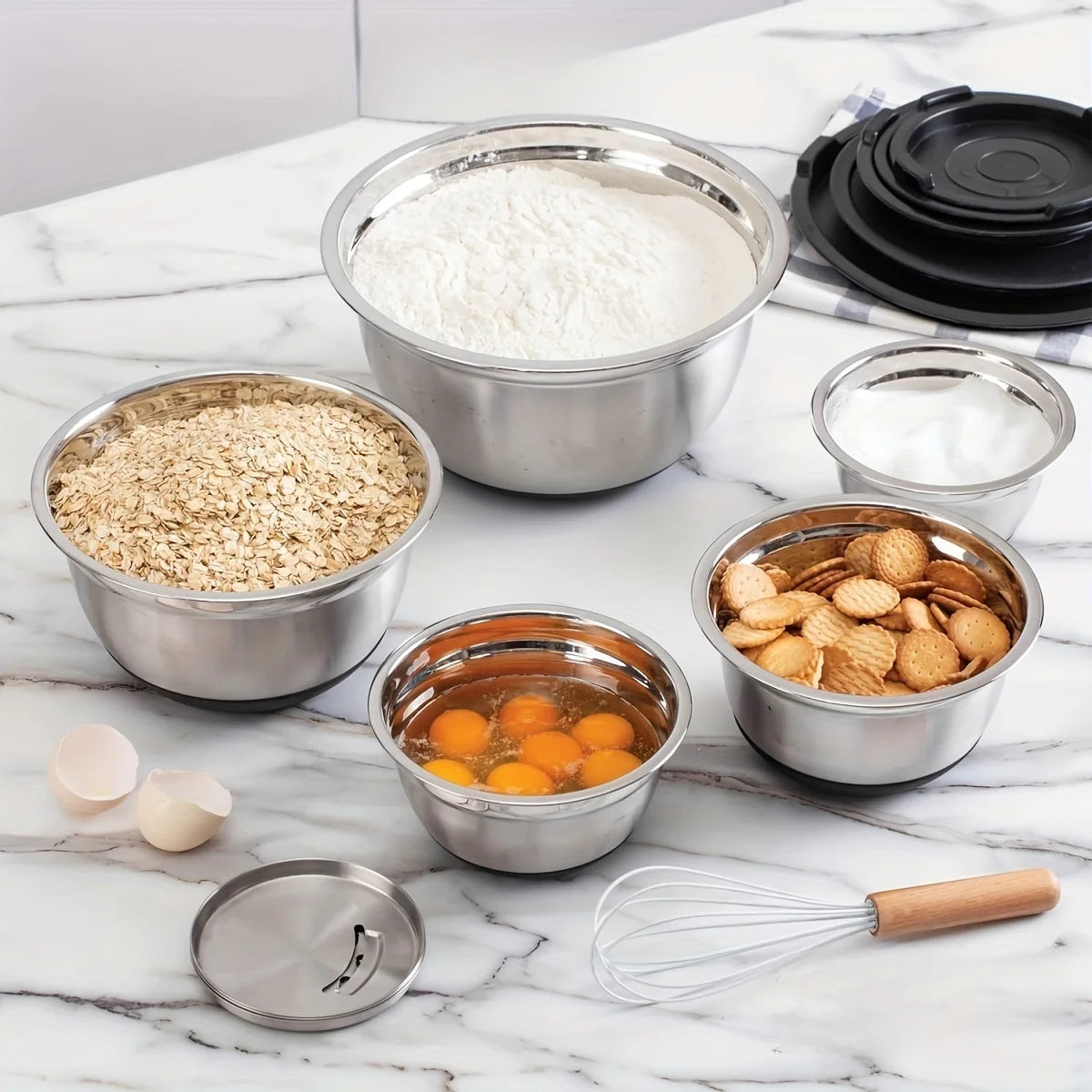 8pc Stainless Steel Mixing Bowls Set Airtight Lids Black