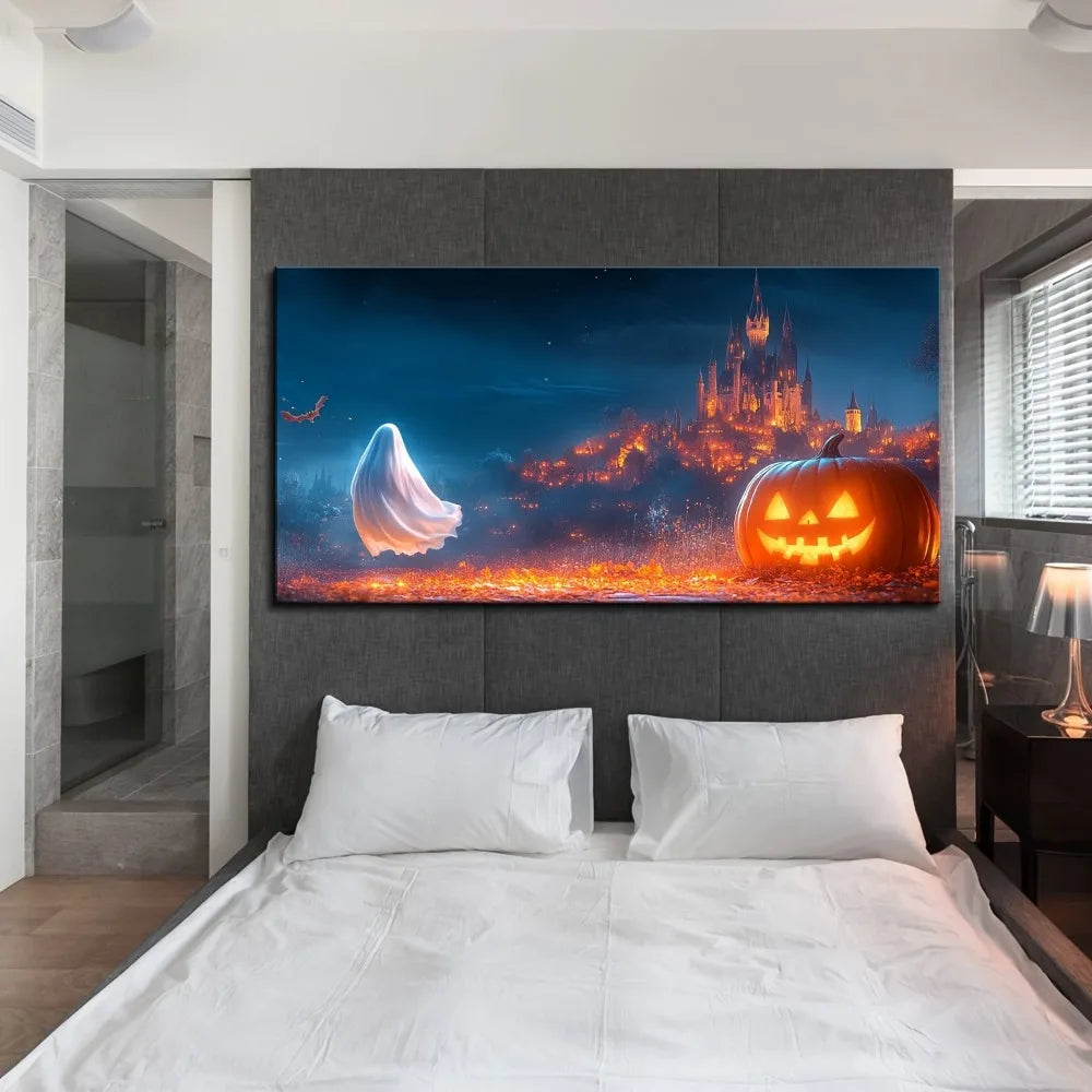 One Point Five Inch Thick Pine Wood Frame Halloween Canvas Wall Art Black Castle
