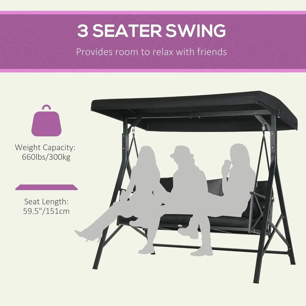3 Seat Patio Swing with Cushions and Pillows Adjustable Glider Black