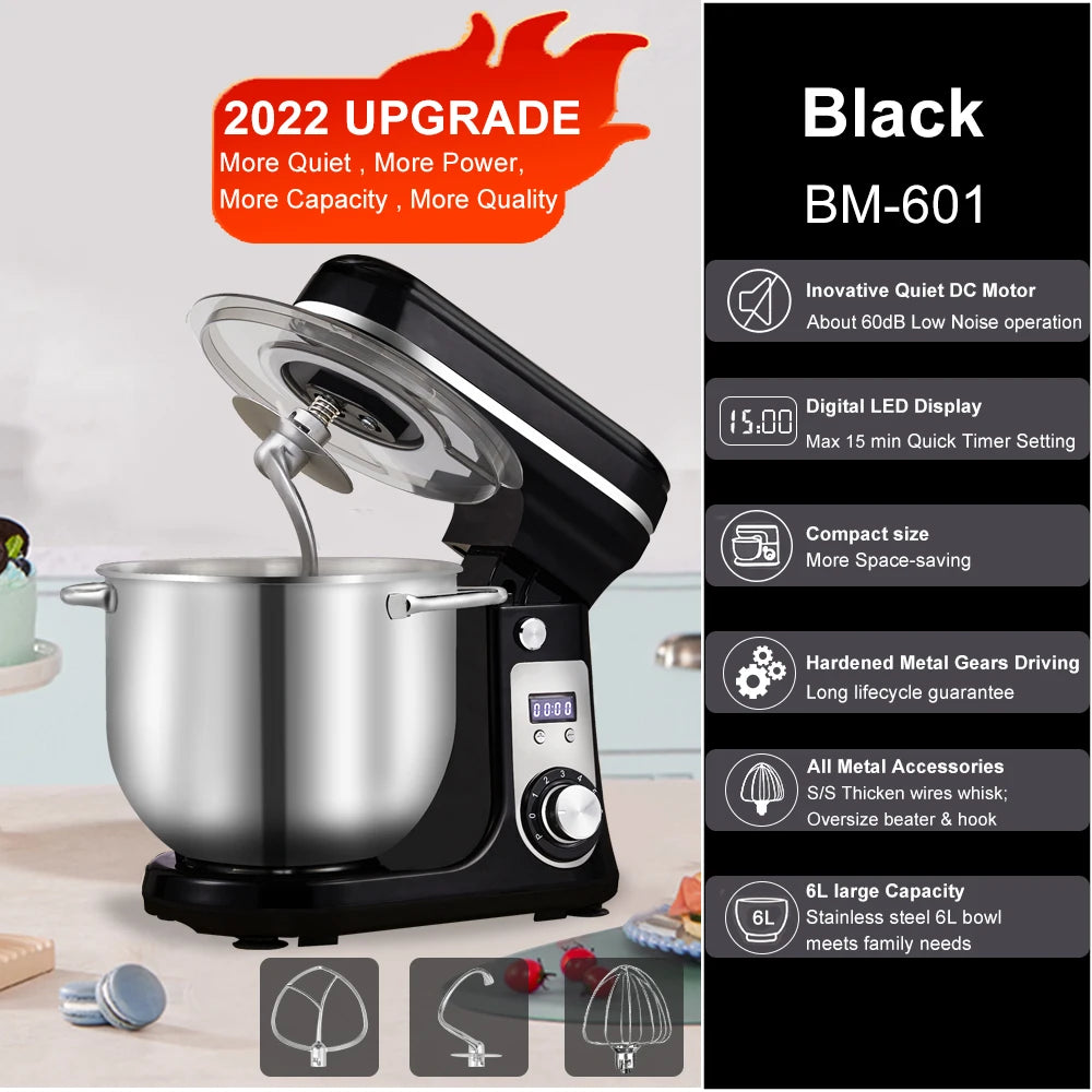 BioloMix Kitchen Food Stand Mixer Blender Quiet Motor 6 Speed 1200 Watt 6 Liter DC Mixing Bowl