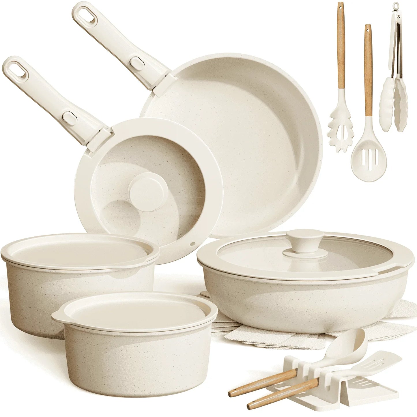 20 Piece Non Stick Ceramic Pots and Pans Set with Detachable Handle Oven Safe Induction Ready Stackable RV Kitchen Cooking Set Cream White