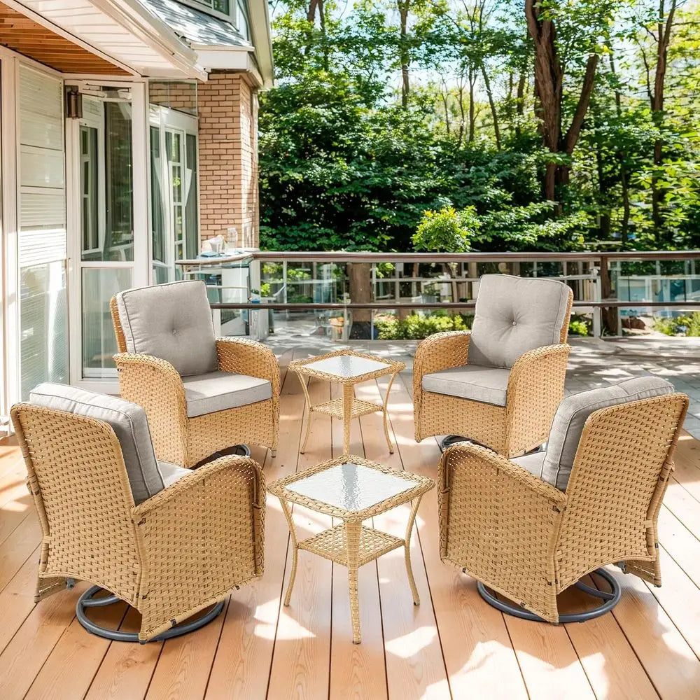 Four-Piece Patio Swivel Glider Rocker Set With Side Tables Beige Cushions