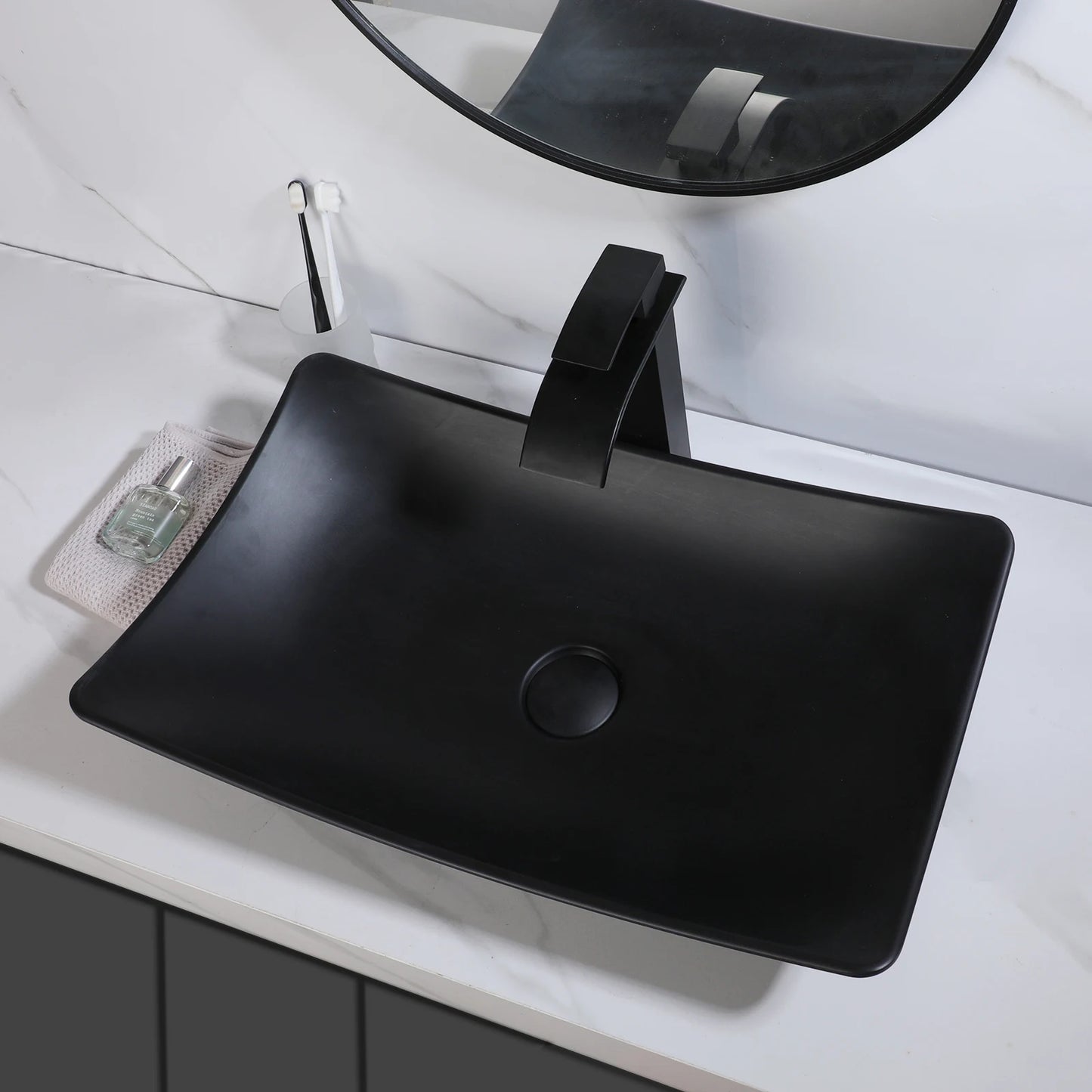 Zappo Black Stone Resin Oval Bathroom Vessel Sink Faucet
