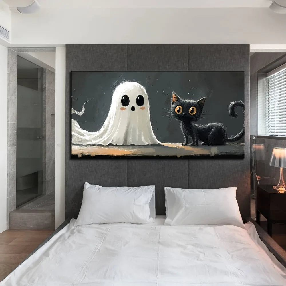 Whimsical Halloween Wall Art In Pine Wood Frame With Cute Black Cat