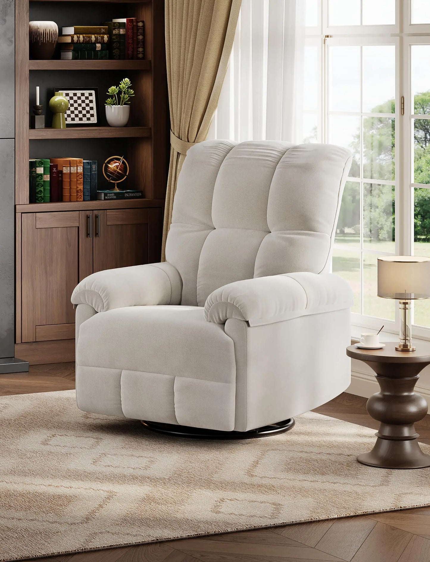 Oversized Overstuffed Chenille Recliner With Swivel Rocker And Padded Armrests