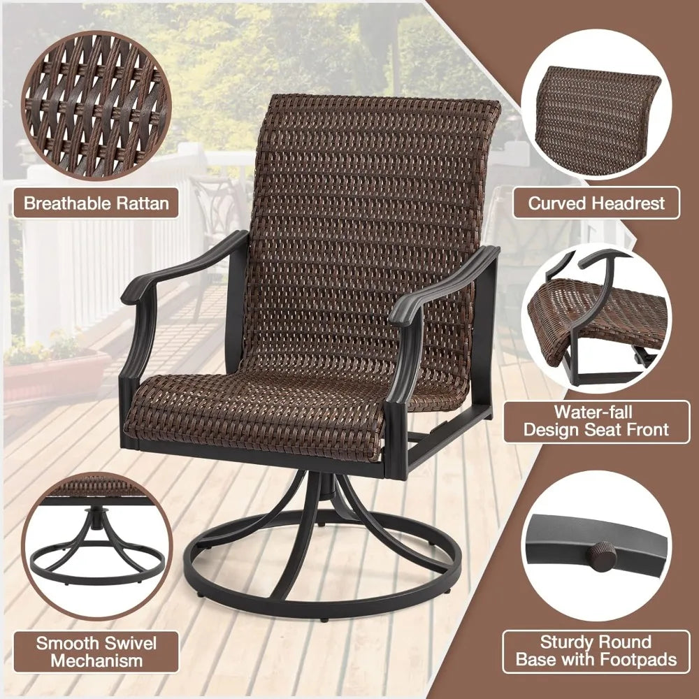 Patio Wicker Swivel Chairs Set of 2 Heavy Duty Outdoor Dining Chairs 23.5 Inch High Back Extra Large Waterfall Seat Rattan Porch Chairs