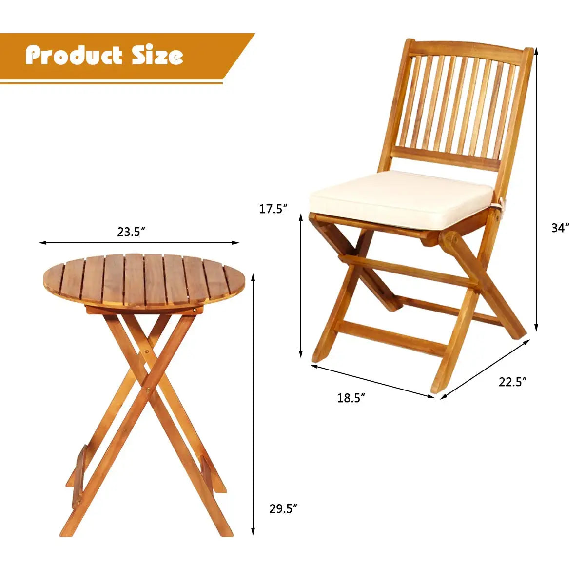 3 Piece Patio Bistro Set Acacia Wood With Folding Round Table Cushions Outdoor