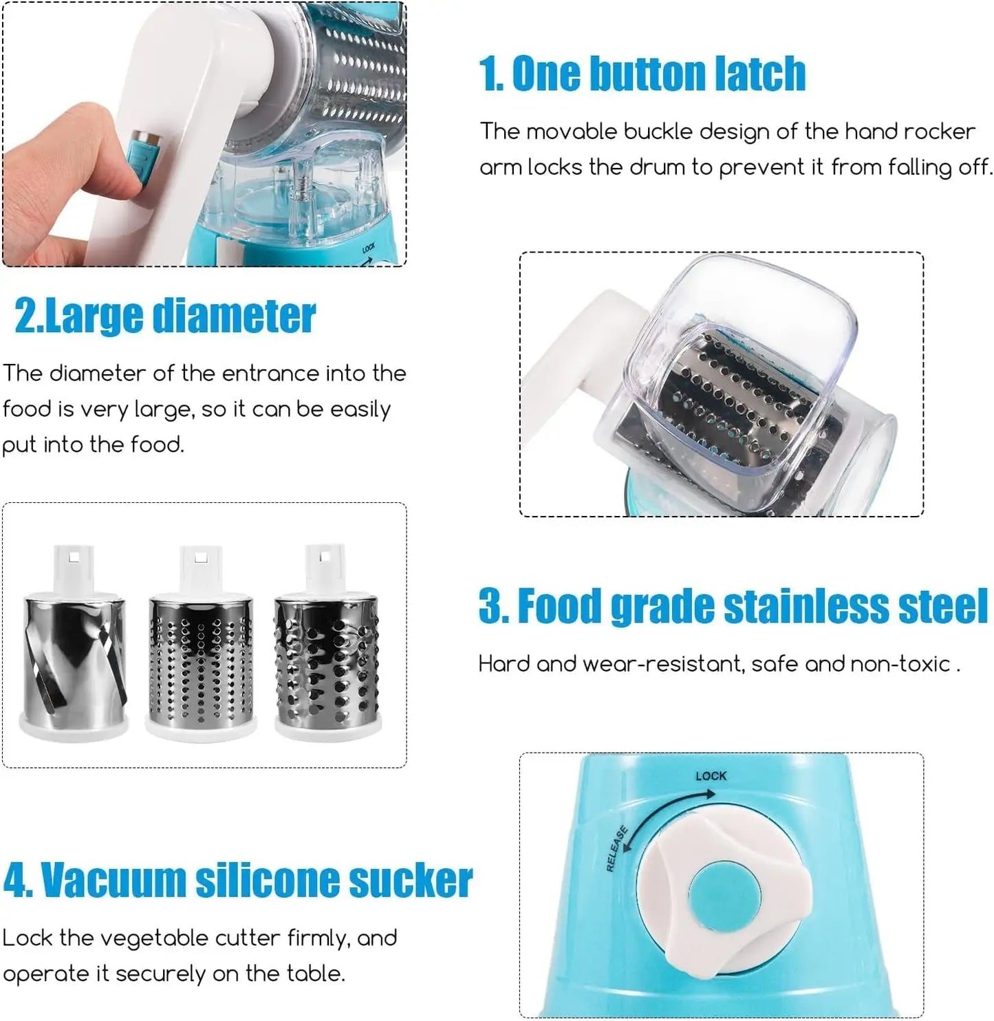 Rotary Cheese Grater 3 in 1 Veg Shredder 3 Drum Blades