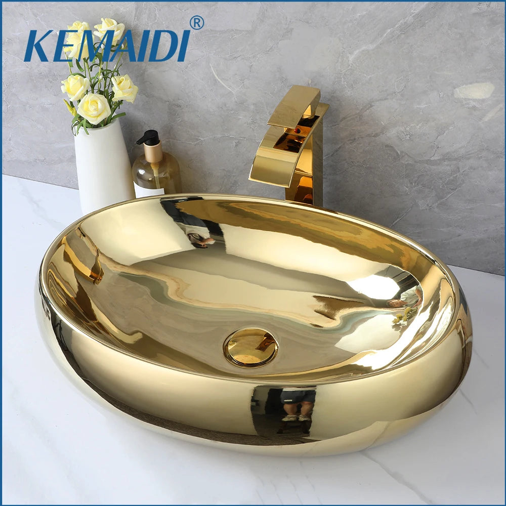 KEMAIDI 23In Oval Ceramic Vessel Sink Gold Waterfall Faucet