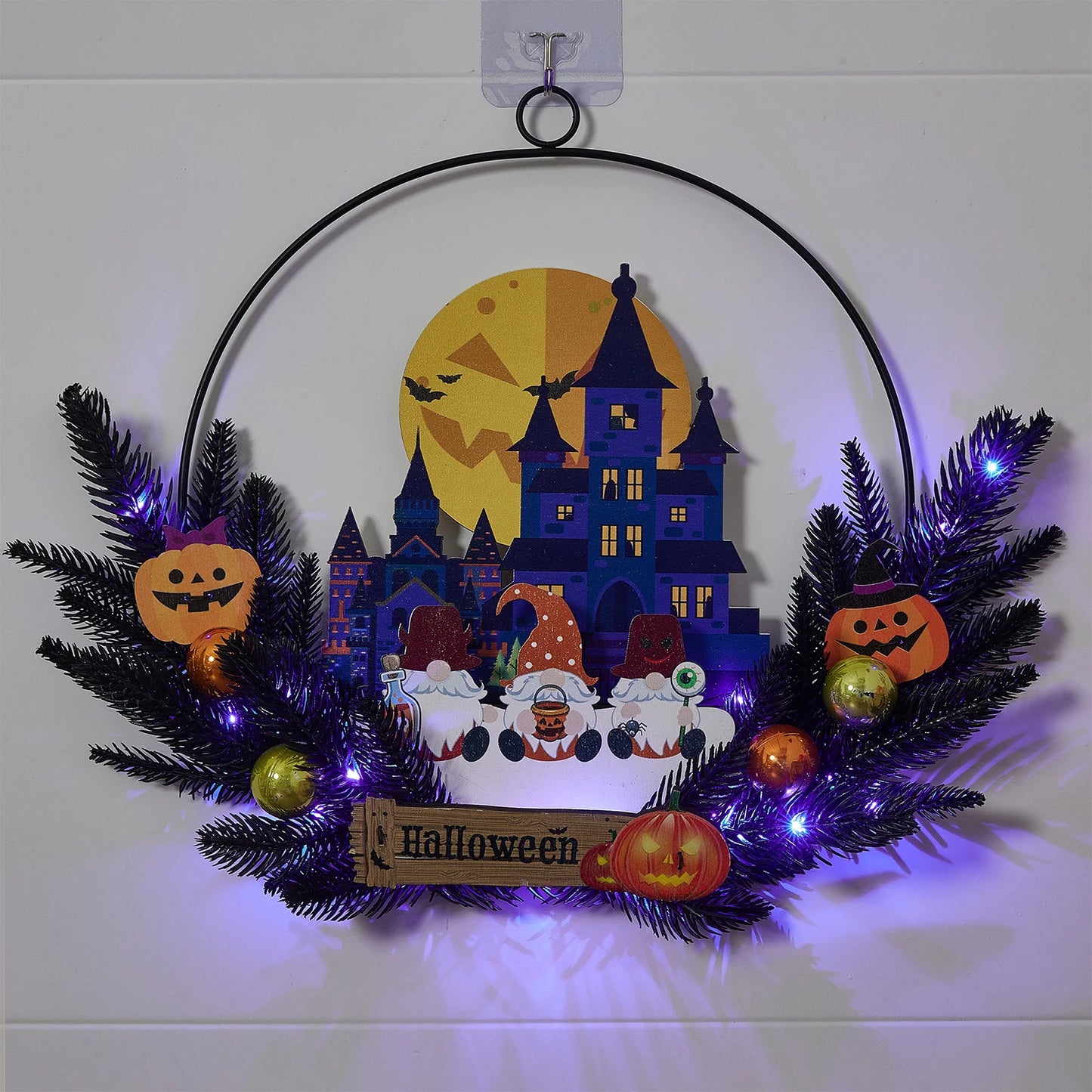 Spooky Halloween Hanging Sign with Glowing LED Lights Haunted House and Ghostly Pumpkin Design Perfect for Front Door Decoration