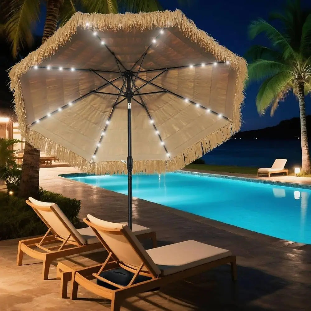 Hawaiian Inspired 9 Foot Solar Thatch Umbrella With 32 LEDs UPF 50 Plus Patios