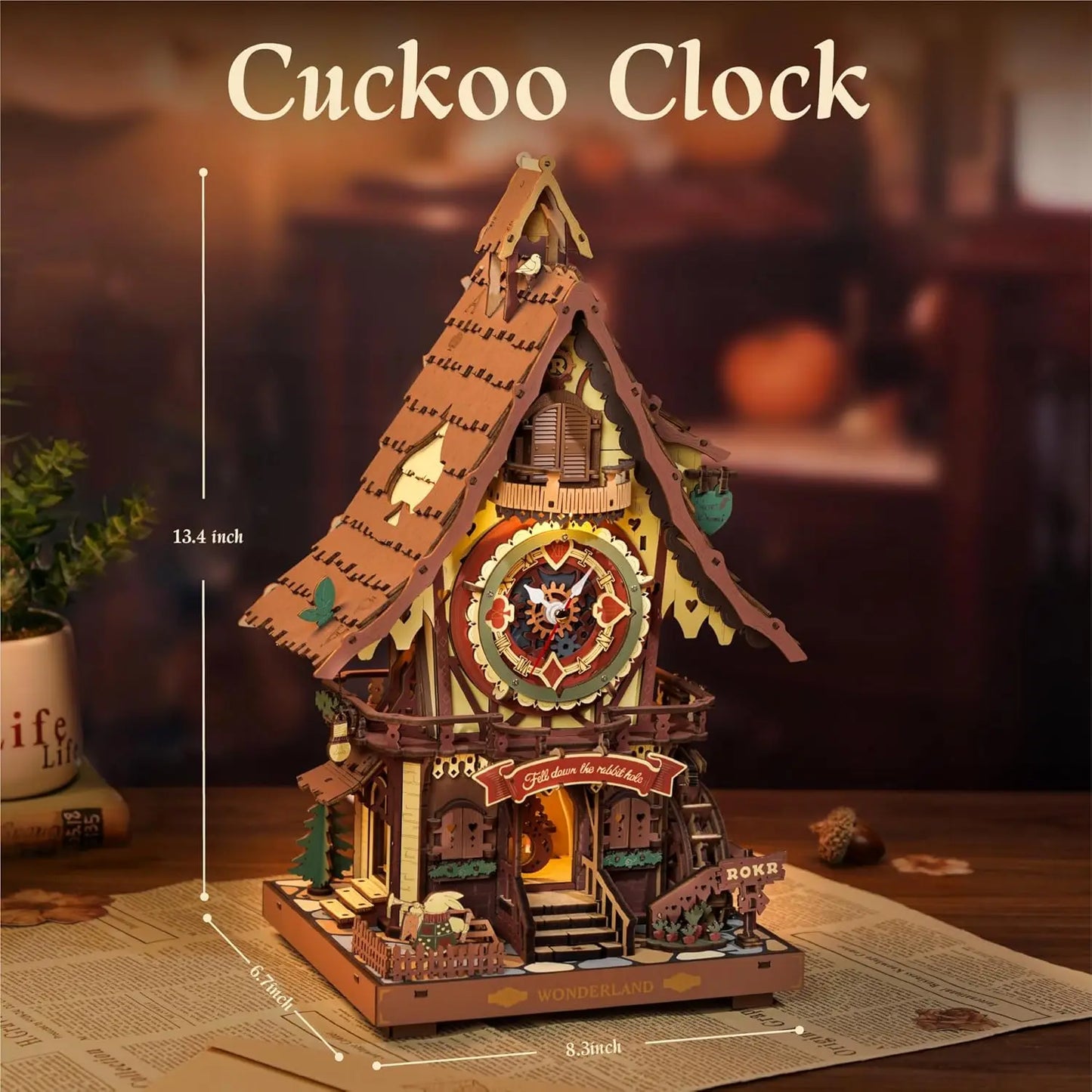 Robotime Rokr 3D Wooden Puzzle Cuckoo Clock Kit Black Forest Style Working Bird