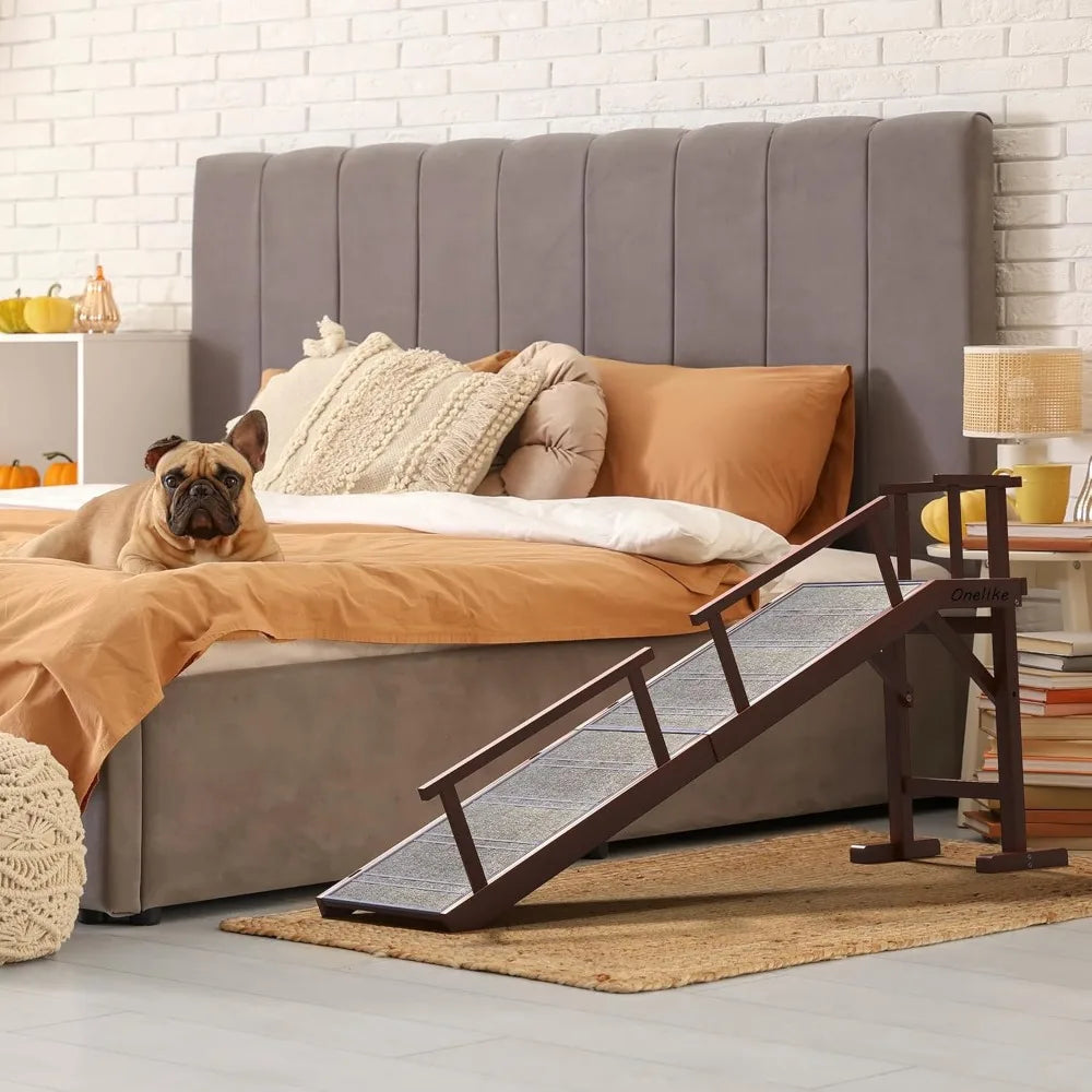 Wooden Dog Ramp for Bed with Removable Side Rail and Non Slip Carpet