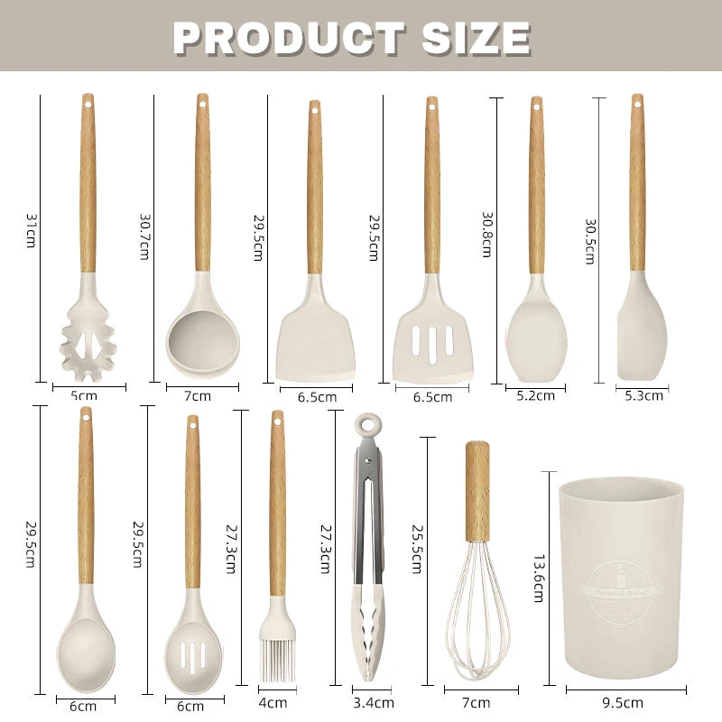 12 Piece Silicone Kitchenware Cooking Utensils Set Non Stick Cookware Spatula Shovel Egg Beaters Baking Set with Storage Bucket