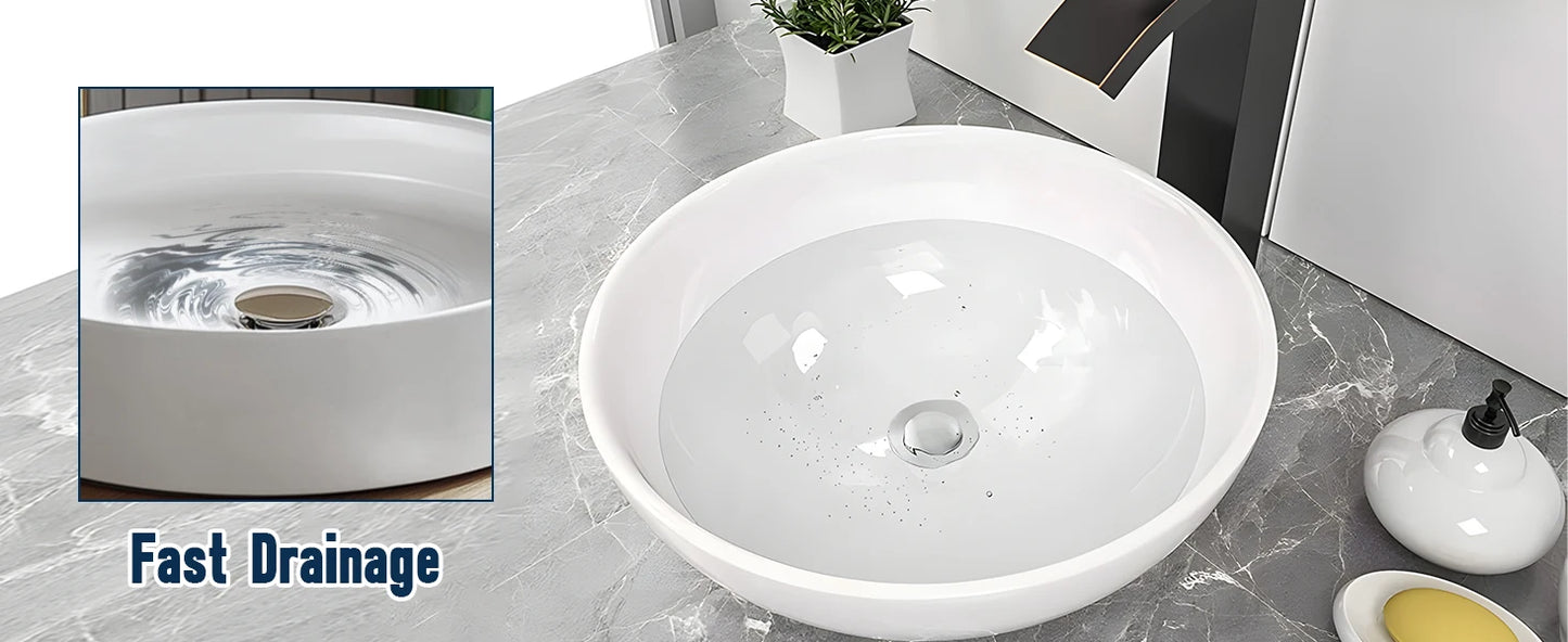 14 Inch White Ceramic Round Countertop Sink Without Faucet