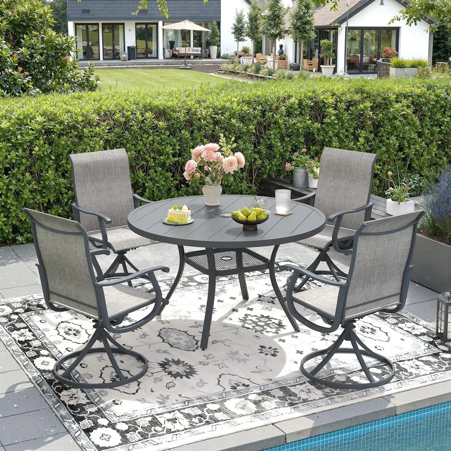 5 Piece Outdoor Dining Set With 4 Textilene Swivel Chairs And 40.6 Black Table