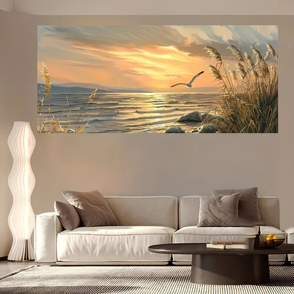 Sunset Beach Art Canvas Seascape Painting With 1.5 Inch Thick Pine Wood Frame