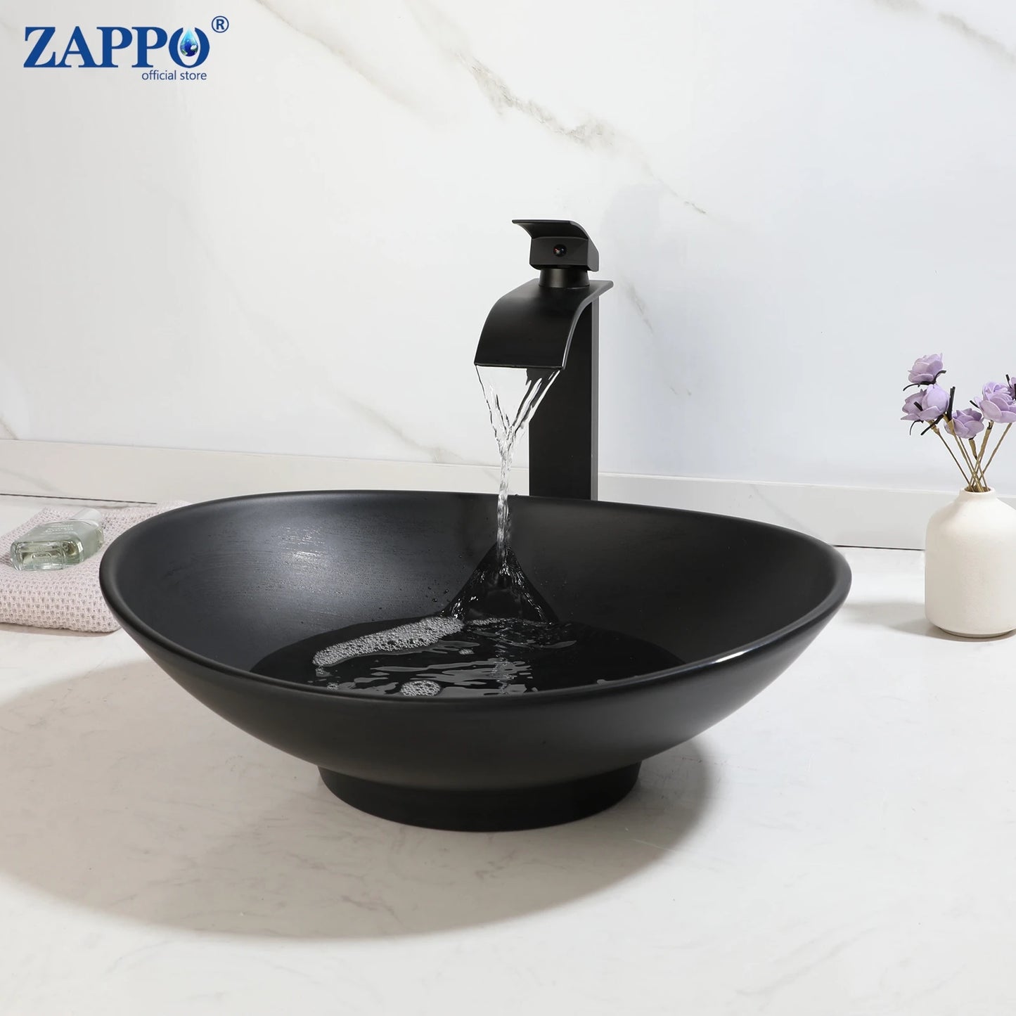 Zappo Black Stone Resin Oval Bathroom Vessel Sink Faucet