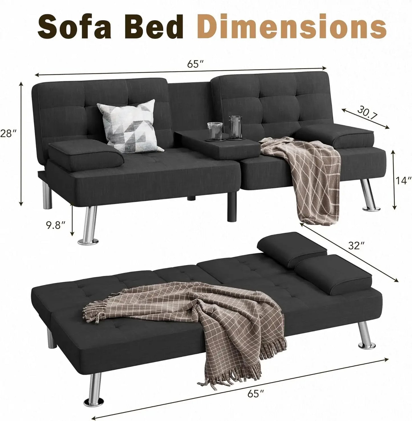 Modern Linen Upholstered Convertible Futon Sofa Cup Holders