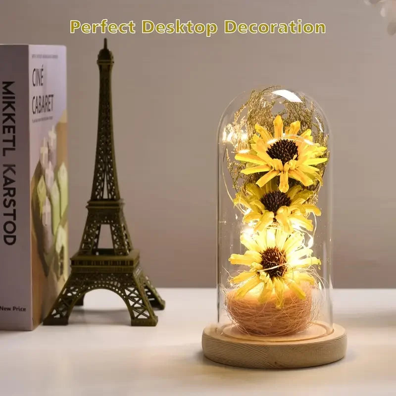 Sunflower Gifts for Women Artificial Sunflowers in Glass Dome with LED Strip Home Decor for Mother's Day and Valentine's Day