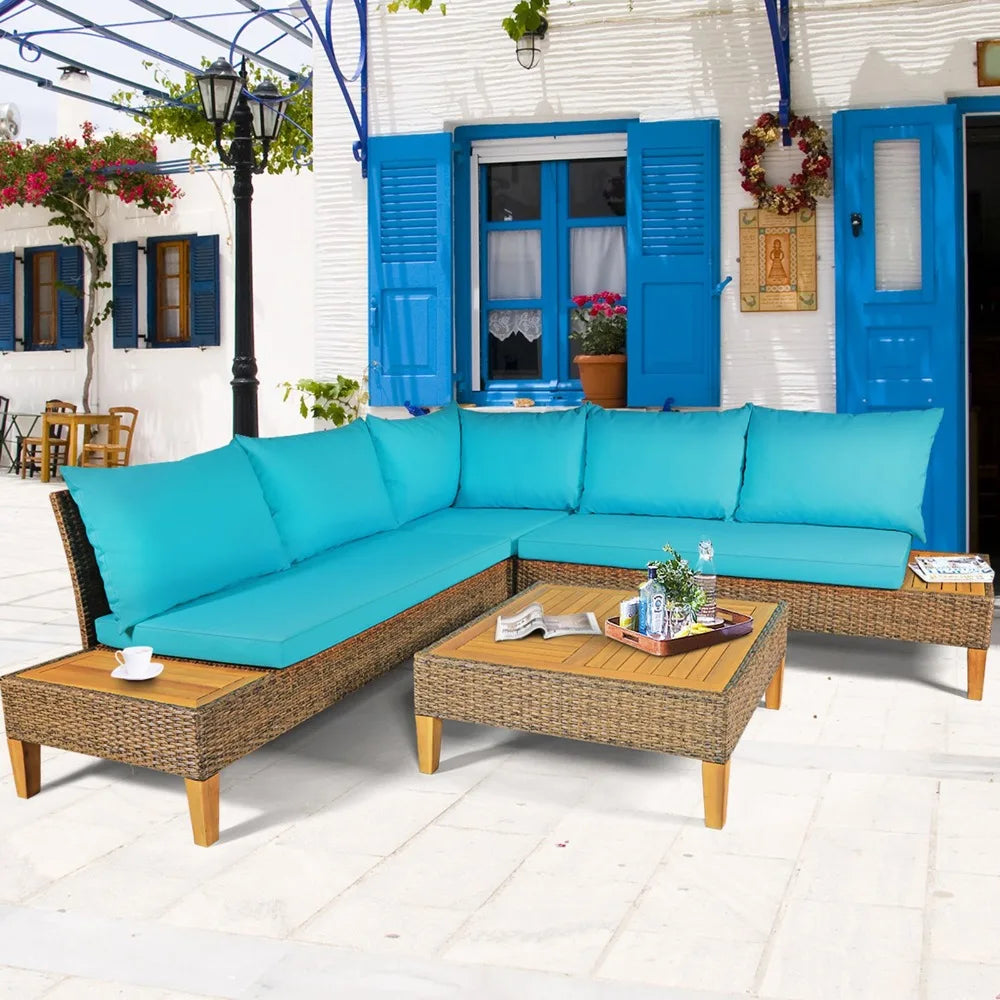 4 Piece Rattan Patio Sofa Set With Turquoise Cushions Outdoor Furniture